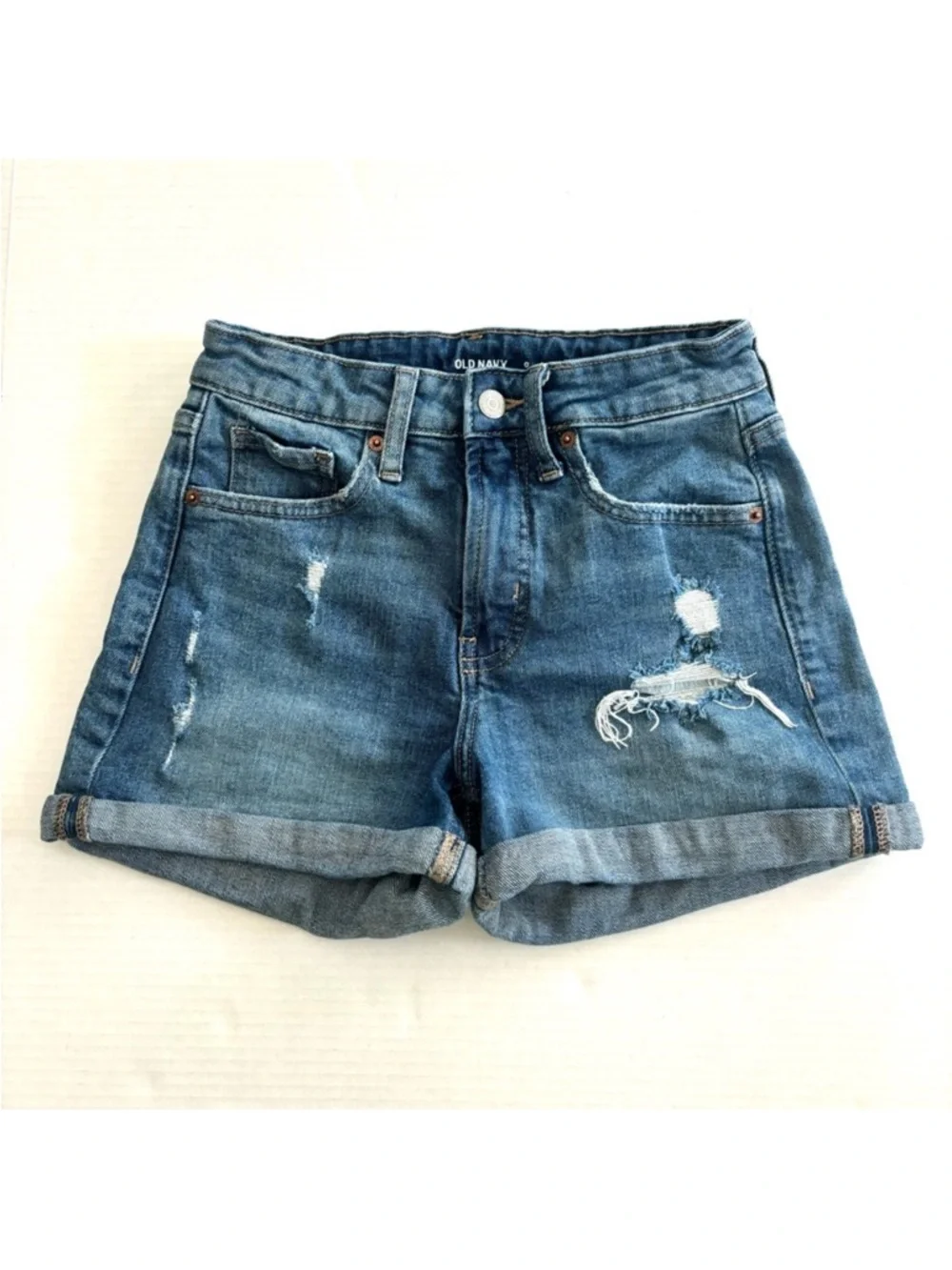 Old Navy O.G. Straight Cuffed Jean Shorts‎ High Rise Stretch Distressed Size 0